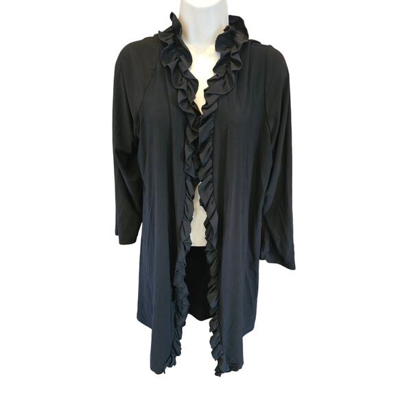 Made in USA black 1X frill ruffle trim black open cardigan office sweater EUC - Picture 1 of 7
